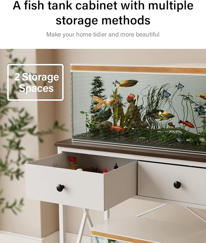 Fish Tank Stand with Drawer,20-29 Gallon Aquarium Stand Easy Assemble | Stable Metal Frame, 2-Tier Breeder Reptile Terrarium Stand Fits Office Home,30.7"x16.5" MDF Tabletop, 330lbs Capacity, White