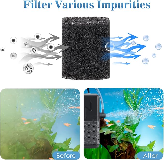 AQQA Submersible Aquarium Filter, Adjustable Flow with Aeration System | Ultra Quiet, Biochemical Sponge Filtration, Fish Tank Filter Built-in Rainfall Aerator, Fits Tanks Up to 50 Gallon,158GPH