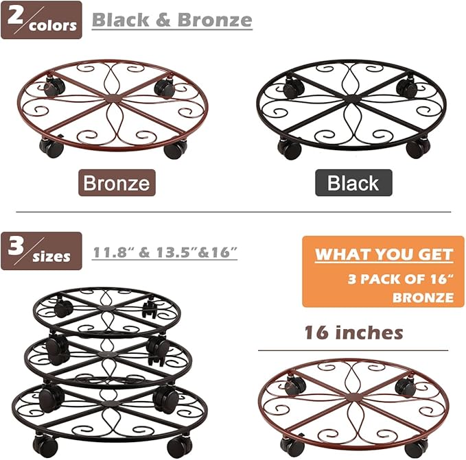 5 Packs 16” Plant Caddy with Wheels Large Metal Plant Stand with Wheels for Indoor and Outdoor Plants Rolling Plant Stand with Casters Heavy Duty Plant Dolly Roller Caddy, Bronze
