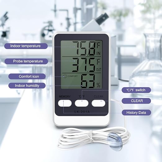 Refrigerator Thermometer with External Sensor, LCD Display Indoor Temperature and Humidity Gauge, Fridge and Freezer Thermometer, Max/Min Temperature in 24H, for Aquarium, Refrigerator, Freezer