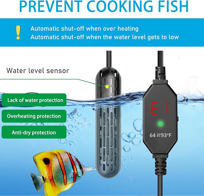 YukiHalu Aquarium Heater 25/50/100/150W with Protective Cover, Mini Fish Tank Heater with External Controller, Temperature Adjustable, Digital Display, Used for 5/10/20/30 Gallons (50W-10Gallon)