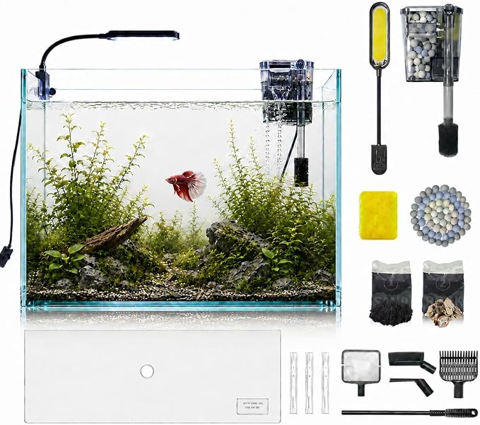 5-Gallon Ultra-Clear Glass Fish Tank Starter Kit, LED Light, Reusable 3-Stage Filter, Lid, Easy Maintenance Rimless Aquarium for Betta and Small Fish