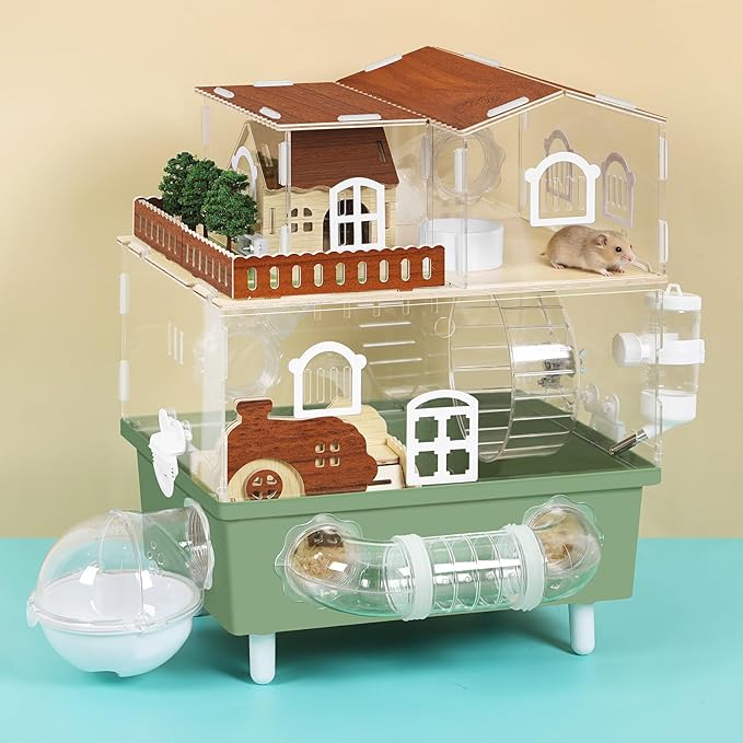 Large Hamster Cage Acrylic Hamster Enclosure with Hideout, Wheel & Tunnels Clear Hamster Habitats for Syrian Dwarf Hamster, 3 Tier Animal Gerbil Cage for Pet Mice House, 13.3" L x 9.8" W x 17.4" H