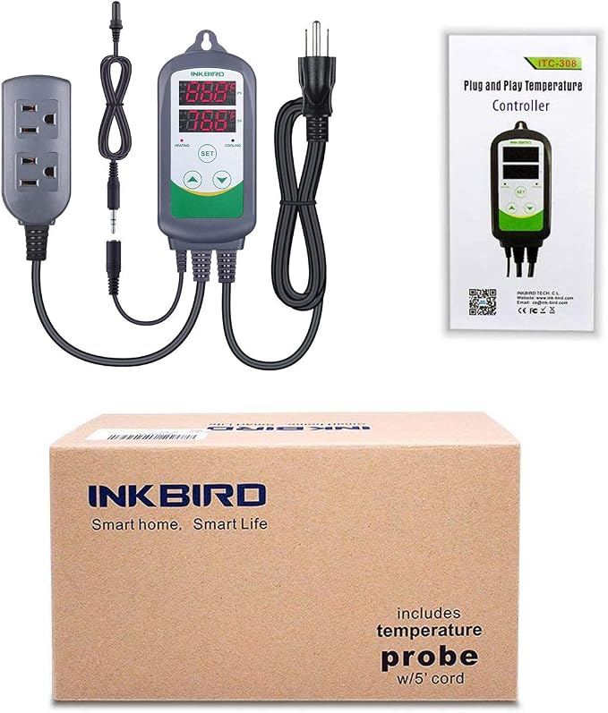Inkbird ITC308S Temperature Controller for Aquarium with Submersible Probe, Heating Cooling Outlets Thermostat for Heater and Cooling Fans