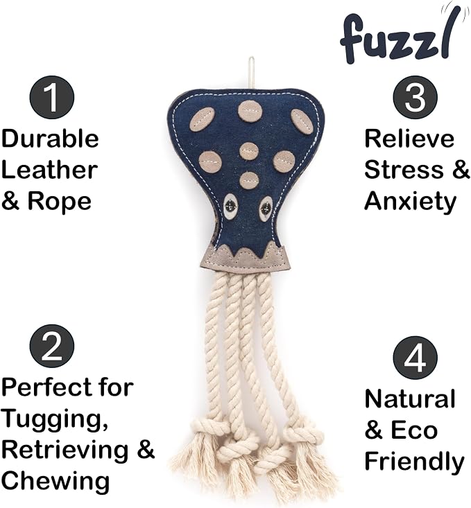 Fuzzl Eco Leather Otto Octopus Natural and Tough Dog Toys - Long Lasting Chew Toys for Aggressive Chewers - Strong Dog Toy for Dogs and Puppy