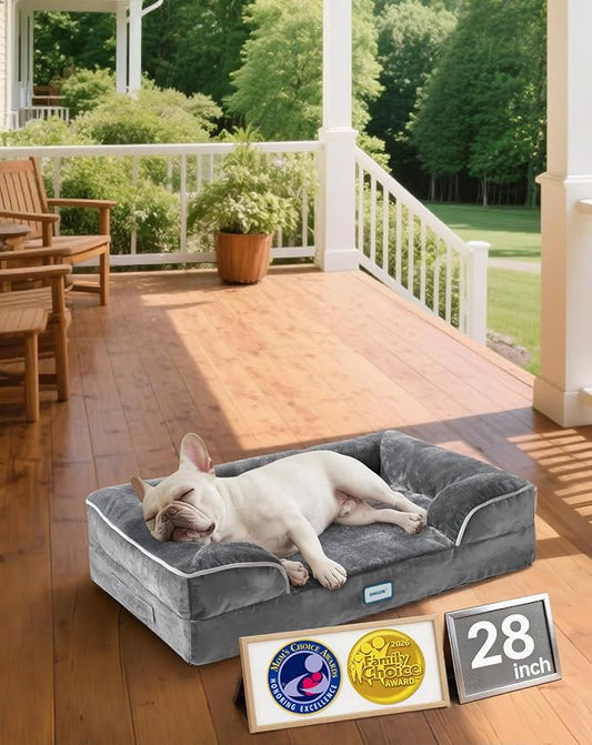 OhGeni Orthopedic Dog Bed Couch Cat Sofa for Medium Sized Pets with Memory Foam, Machine-Washable Waterproof Removable Cover, Soft Comfortable Fabric, 28-inch (Gray)