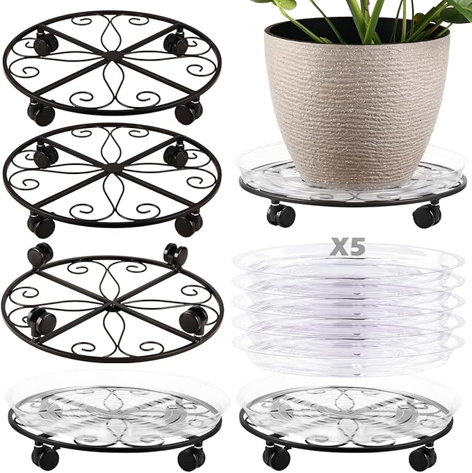 5 Packs 16” Plant Caddy with Wheels Metal Plant Stand on Wheels for Indoor and Outdoor Plants Rolling Plant Stand with Casters Heavy Duty Plant Dolly Roller Caddy, Black