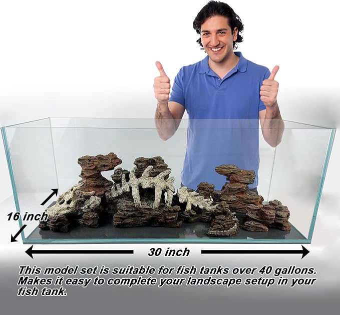 Allcolor Aquarium Rock Decor, Wilderness Keel Set for 40+ Gallon Tanks | A large modular landscape combines layered stone formations, skeletal arches, caves, and planting pockets.