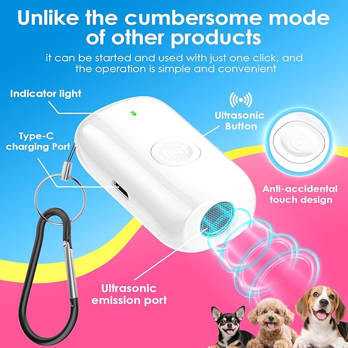 Mini ultrasonic dog bark deterrent device, effectively stops unwanted barking with 50ft,pain free training & behavior aid for indoor/outdoor use,rechargeable portable dog barking stopper（white）