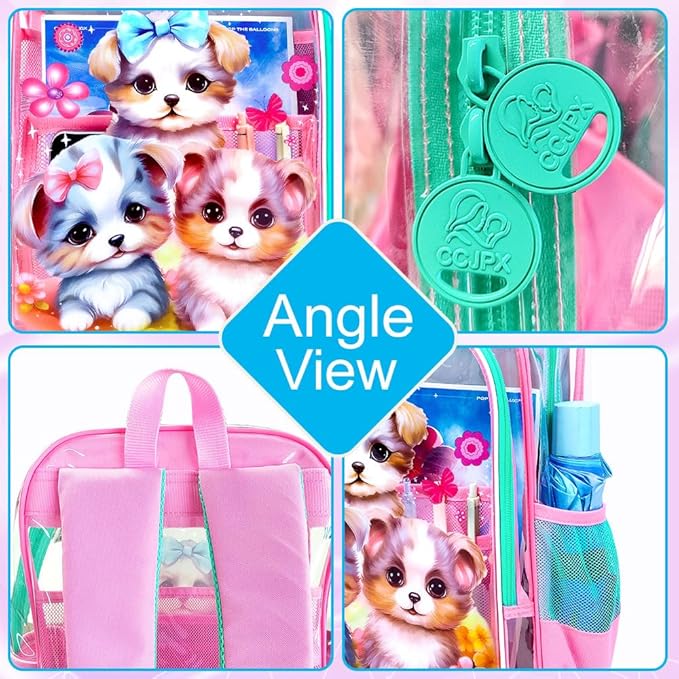 AGSDON 3PCS Clear Backpack for Girls, Kids Dog Transparent Backpack with Heavy Duty PVC, See Through Backpacks with Lunch Bag- Pink Dog