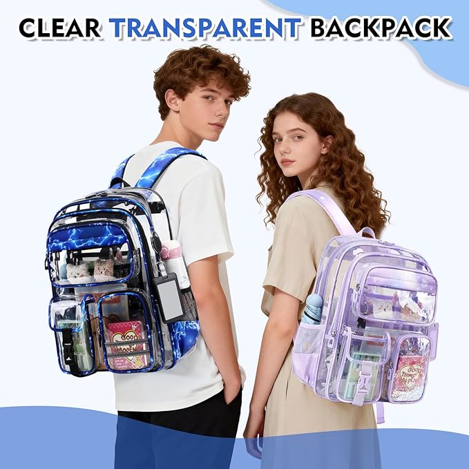 Clear Backpack for School,Transparent Backpack Stadium Events,Heavy Duty Clear Bookbag for Girls,Boys,Work,Sport Blue Lightning