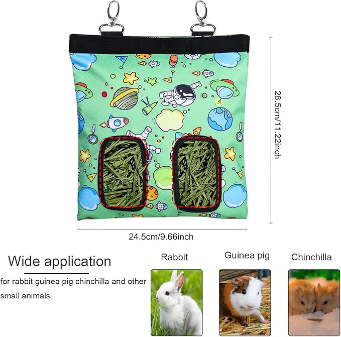 Rabbit Hay Feeder Bag Guinea Pigs Hanging Hay Rack Manger Holder Dispenser Small Animal Feeder Storage Pouch for Bunny Chinchilla Hamster (Pattern Green, 2 Windows)