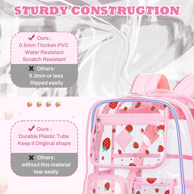 PIG PIG GIRL Clear Backpack for School,Heavy Duty PVC Transparent Bookbag for Girls Stadium Approved See Through Backpack