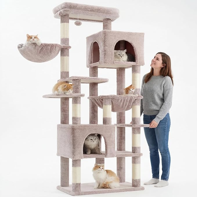Heybly Cat Tree, 76-Inch Tall Heavy Duty Cat Tower for Big Cats with Extra Wide Baseboard, Multi-Level Large Cat Furniture with 2 Condos & 2 Hammocks, 10 Scratching Posts, Muchroom HCT039MU