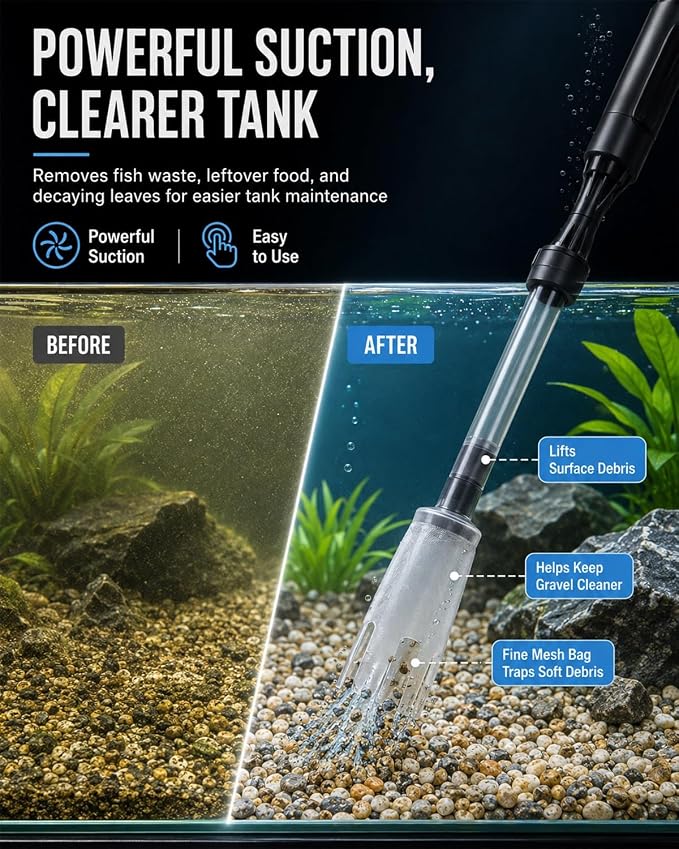 Electric Aquarium Gravel Cleaner Fish Tank Cleaning Vacuum Siphon Tool Kit | Automatic Removable Water Changer Circulation Battery-Operated Adjustable Length Sand Algae Filter for All Aquariums(2PCS)