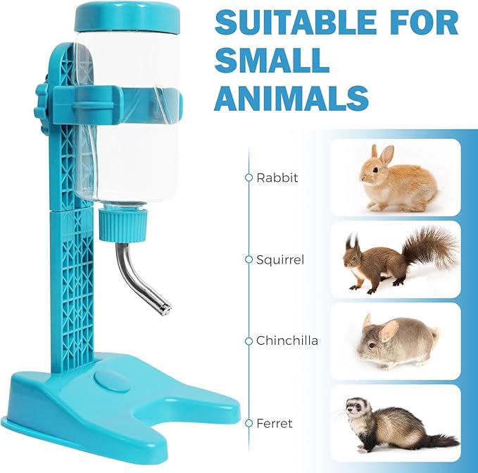 VANNON Pet Standing Water Dispenser Top Fill Dog Water Bottle Dispenser with Stand Leakproof Pet Slow Water Bottle for Small Animals, 13oz, BPA Free, Adjustable Height, Blue