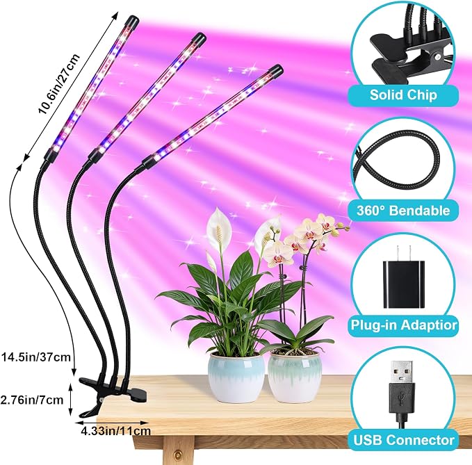 Indoor Plant Grow Light, Full Spectrum Clip Plant Lamp with Red, Blue, White Light, Plant Growing Light with Flexibel Gooseneck, 4/8/12/18H Timer, 10 Brightness Levels, 3 Lighting Modes, 3 Head