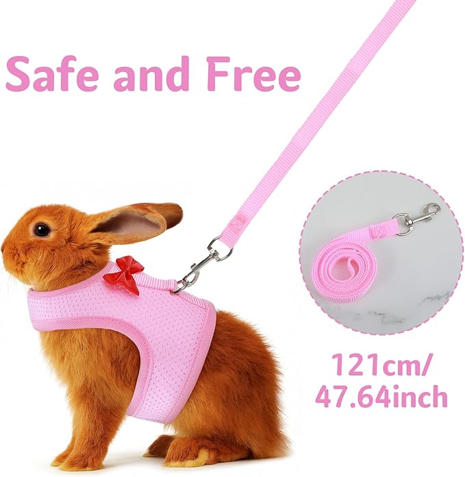 Bunny Harness and Leash Set, Soft Breathable Mesh Rabbit Leash Vest with Safety Buckles, Lightweight Escape-Proof Walking Gear for Rabbits, Kittens, Ferrets, Guinea Pigs, Pink M