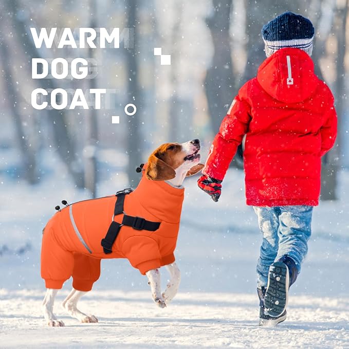 BRKURLEG Small Dog Winter Coat with Harness Built in, Orange Winter Dogs Jackets, Fullbody Dog Coat, Dogs Snowsuits Reflective Windproof Cold Weather Coats, Pet Warm Fleece Coats, S