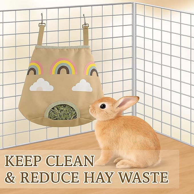 Rabbit Hay Feeder Bag for Guinea Pigs and Chinchillas | Cute Rainbow Design, Washable Oxford Cloth, Single Hole Timothy Hay Holder