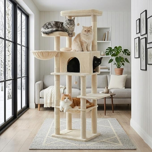 PAWZ Road Large Cat Tree, 73 Inches Tall Cat Tower with 1 Large Padded Perch,2 Spacious Hammocks,8 Long Scratching Posts, XL Plush Cat Condo for Indoor Adult Cats,Beige