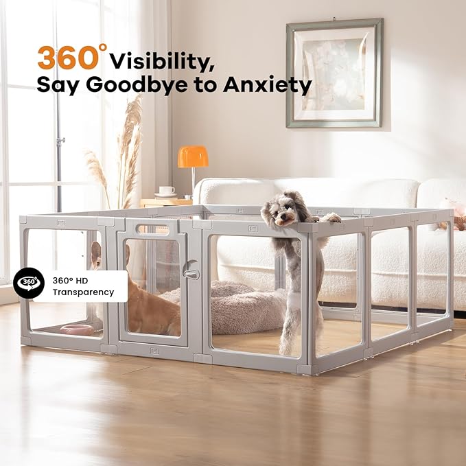 Clear Acrylic Dog Playpen Indoor, Puppy Cat Small Pet Play Pen, Pet Cat Playpen for Rabbits, Dog Fence Crate Kennel Whelping Cage (Grey, 8 Panel)