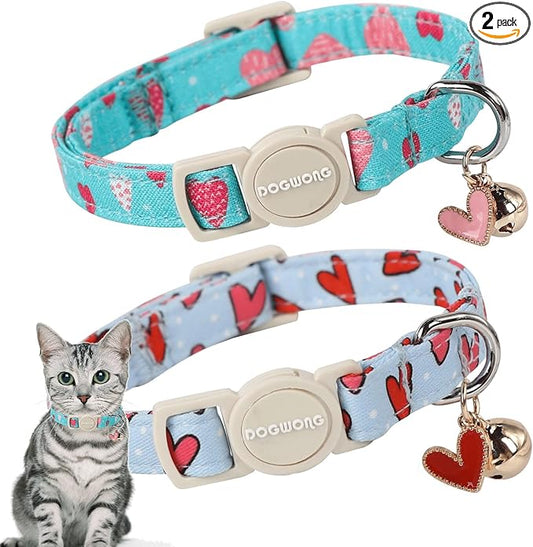 Cat Collar,2 Pack Cat Collars Breakaway with Bell, DOGWONG Safety Buckle Valentine's Day Cat Collar Blue Heart for Girl Boy Cats and Small Dogs，Adjustable 7-12 Inch,Pet Supplies Accessories