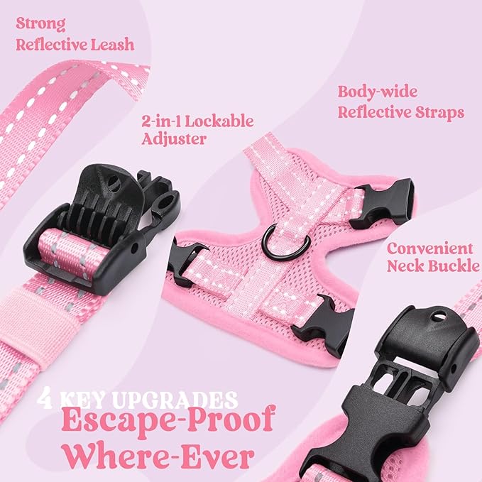 rabbitgoo Cat Harness and Leash, Escape Proof Vest with 3 Adjustable Buckles, Soft Comfortable Kitten Harness, Easy to Wear, Reflective for Safe Outdoor Walking, Small, Pink