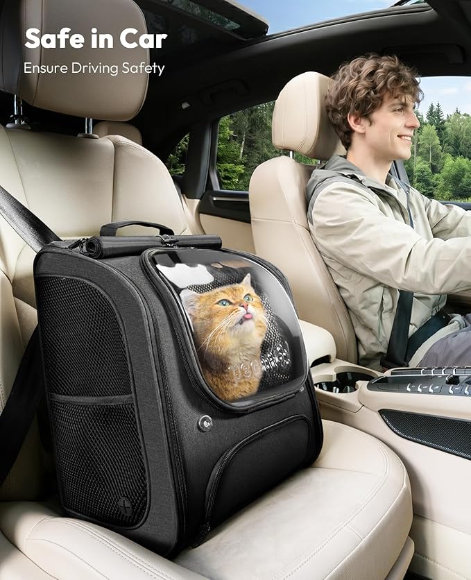 Pecute Cat Backpack Carrier, Large Space Cat Bubble Backpack, Breathable Cat Carrier, Shaded Dog Backpack Carrier, Ergonomic 3D Design for Travel, Hiking, Walk, Suitable for Shopping, Car, Vet, Black