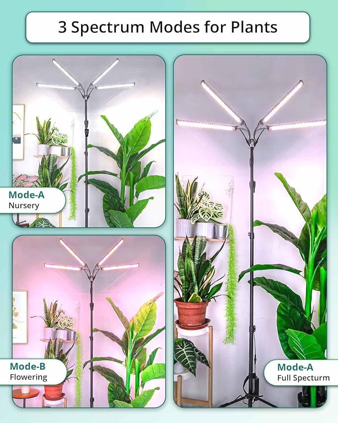 Floor Grow Light, 50W Dimmable, 15-105in Tripod with Timer | Full spectrum with 3 lighting modes, 6/10/14/18h auto timer, adjustable stand for all indoor plant growth stages