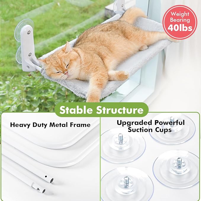 Zoratoo Cordless & Foldable Cat Window Perch with Metal Frame and Reversible Washable Cover Pet Hammock Bed, 4 Large Suction Cups Window Resting Seat for Indoor Cats Kittens (Grey - M)