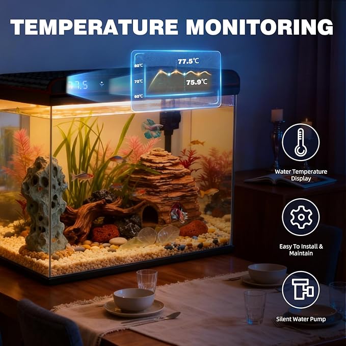 Coospider 20 Gallon Glass Fish Tank, Aquarium Starter Kit, Simple Self-Cleaning Aquarium with 3-Color LED Lights, with Quiet Filter Pump, with Temperature Monitoring for Fish, Shrimp, Kids Gift Ideas