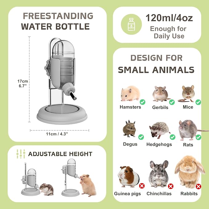 Hamster Water Bottle with Stand, 4oz Water Dispenser for Syrian Dwarf Hamsters Gerbils Mice Rats Degus (Gray)