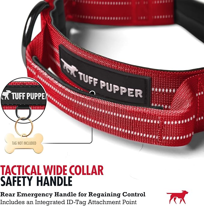 Tuff Pupper Tactical Dog Collar | Heavy Duty 1.5" Wide Ballistic Nylon | Training Control Handle | Quick-Release Metal Buckle | Reflective Bands | ID Tag Holder | Padded Inner Lining (Red, Large)