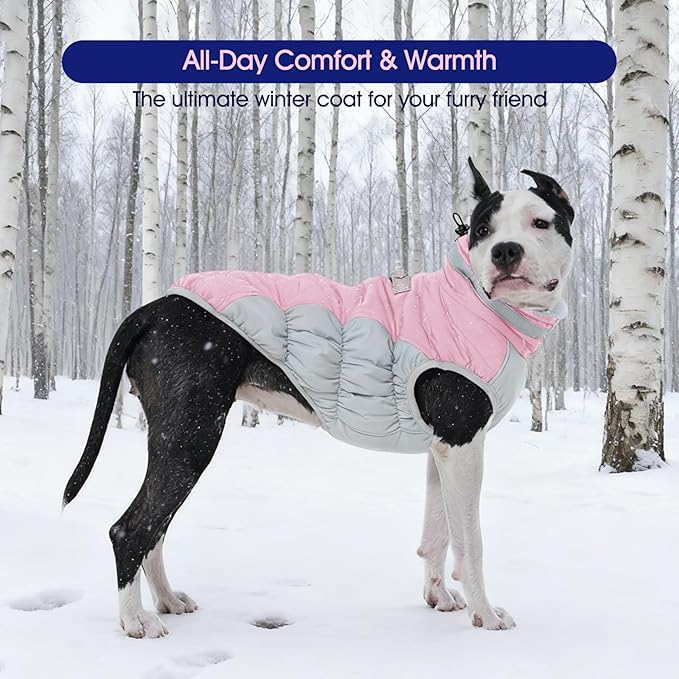 FUAMEY Dog Coat for Large Dogs,Waterproof Dog Winter Jacket with Harness Built in Puppy Cold Weather Coats Reflective Pet Vest with Zipper Warm Fleece Dogs Snowsuit Windproof Pink L