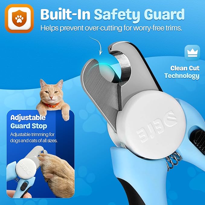 Flexzion Pet Nail Clippers for Dogs & Cats - Stainless Steel Blade Cat Nail Trimmer with Stored Nail File, Safety Guard, Easy Grip Handle - Dog Nail Clippers for Large Dogs, Medium Small Breeds, Blue