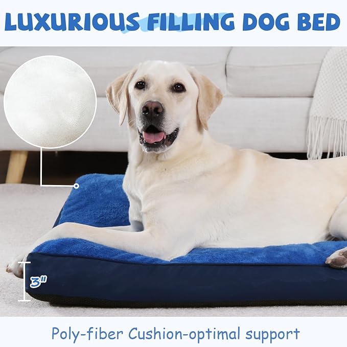 Dog Crate Bed Waterproof Deluxe Plush Dog Beds with Removable Washable Cover Anti-Slip Bottom Pet Sleeping Mattress for Large, Medium, Jumbo, Small Dogs, 29 x 18 inch, Navy