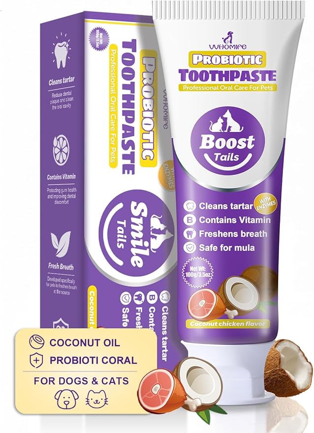 Natural Coconut Oil Dog & Cat Toothpaste for Fresh Breath & Daily Oral Care, Enzymatic Probiotic Formula with Vitamin B, Helps Reduce Plaque & Tartar, Safe to Swallow, Coconut Chicken Flavor, 3.52oz