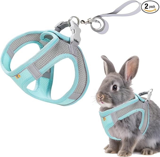 Rabbit Harness and Leash Set Escape Proof, Adjustable Soft Padded Vest, Breathable Mesh Bunny Harness with Reflective Strap, Safe for Small Animals(Green,M)