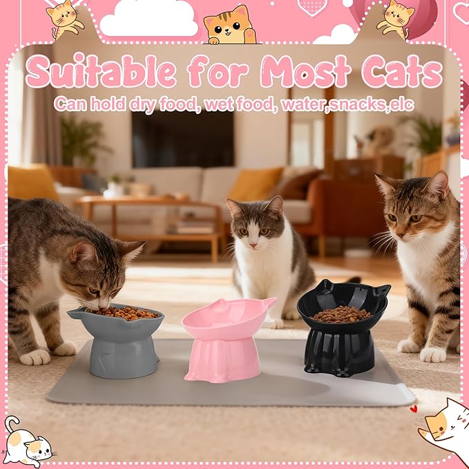 3 Pcs Elevated Cat Bowls 15°Raised Cat Food Bowl with Silicone Mat Whisker Friendly Anti Vomiting Cats Dishes Pet Food and Water Bowls for Indoor Cats Kittens Classic Pink, Grey, Black Pink, Grey, Bla