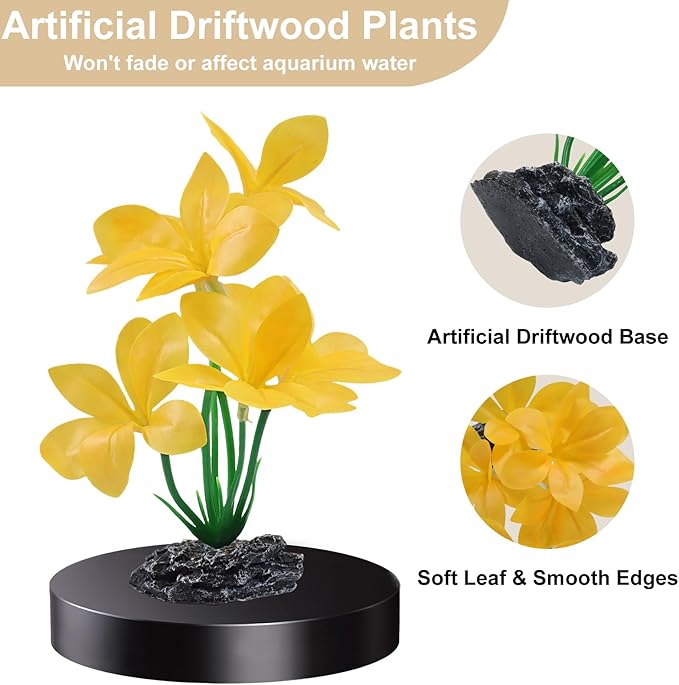 Aquarium Plants Fish Tank Decorations 6.69 Inch Artificial Plastic Plants with Weighted Base, Soft Silk Leaves Realistic Design for Betta Fish Reptile Tank Habitat Decor (Yellow Type-A)