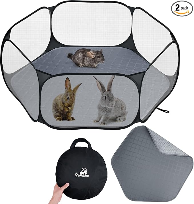 Pawaboo Small Animals Playpen with Pad, Waterproof Small Pet Cage Tent with Reusable Pad, Portable Outdoor Yard Fence for Chick/Kitten/Puppy/Guinea Pig/Rabbits/Chinchillas, Black/Gray