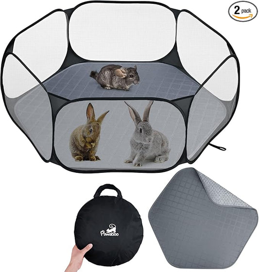 Pawaboo Small Animals Playpen with Pad, Waterproof Small Pet Cage Tent with Reusable Pad, Portable Outdoor Yard Fence for Chick/Kitten/Puppy/Guinea Pig/Rabbits/Chinchillas, Black/Gray
