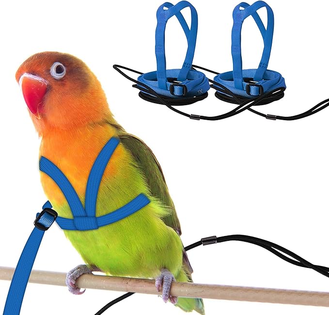 2 pcs Pet Parrot Bird Harness and Leash, Adjustable Training Design Anti-Bite, Outdoor Flying Training Rope Kit for Bird Parrots Fits Birds Chest Between35-62cm /13.78-24.41inch - L (Blue)
