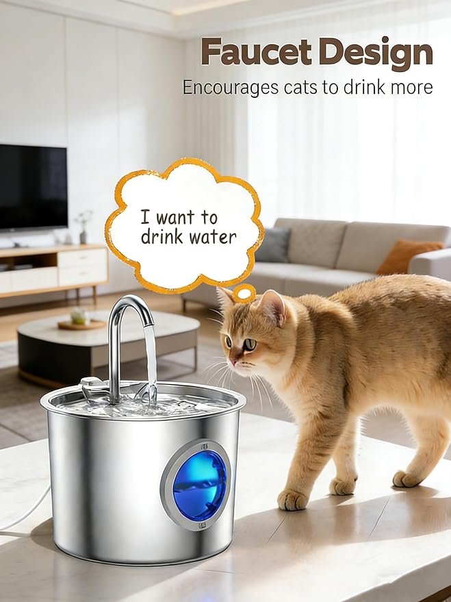 Cat Water Fountain Advanced 304 Stainless Steel 2.2L/74oz with Detachable Tank, Easy to Clean, Automatic Pet Fountain Quiet Cats Water Dispenser, Perfect for Indoor Cats Dogs