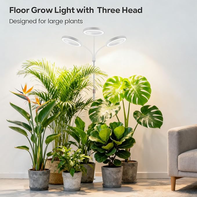 Floor Plant Light, 3 Head Full Spectrum Grow Light with Base | 252 LEDs 6000K Grow lamp,12V,23''-67'' Height Adjustable,3 Color Modes & 5 Dimmable,Timer 6/12/16H,for Large Plants