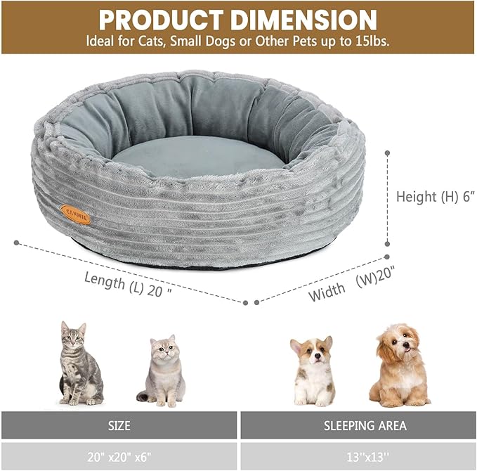CANMIL Cat Bed, Cat Bed for Indoor Cats, 20’’ Donut Cat Bed for Cats and Small Dogs, Washable Round Pet Bed, Indoor Use