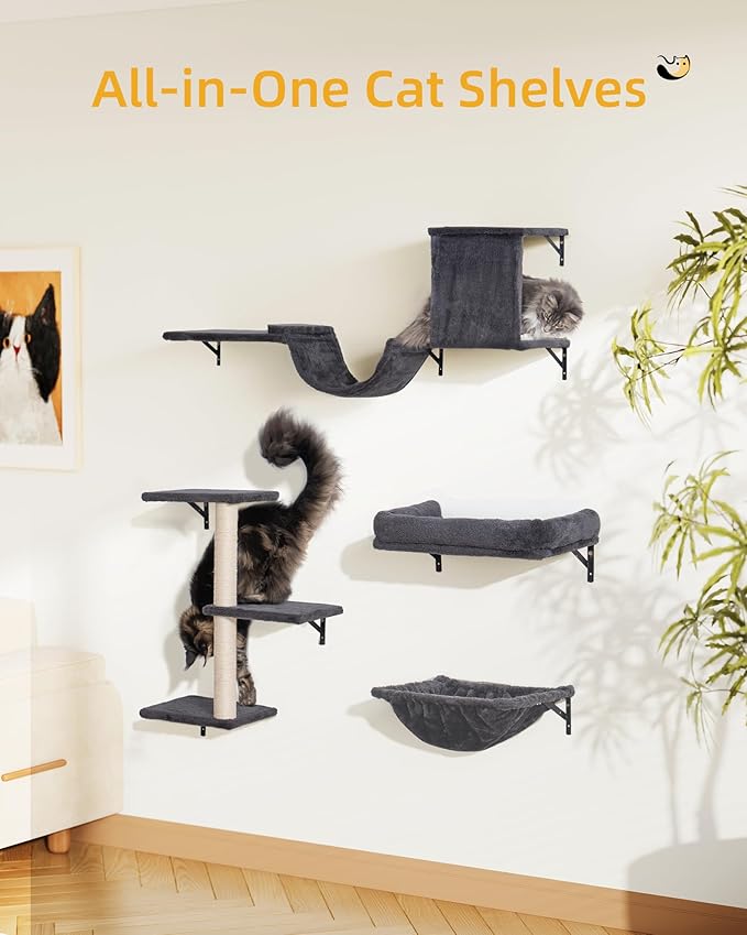 Aechonow Heavy Duty Cat Wall Shelves for Indoor Cats Large Adult, 17'' Large Hammock and Perch Bed for Wall, 5-in-1 Wall-Mounted Cat Climbing Set for Multi-Room Use
