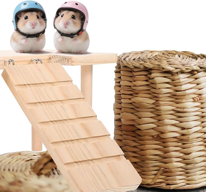 2-in-1 Wooden Hamster PlatformClimbing Stairs for Food Bowl Water Bottle Hamster Cage Accessories Dwarf Syrian Hamsters Gerbils Mice or Other Small Pets（Ladder - Middle）
