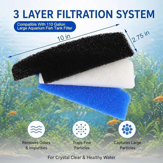 Aquarium Filter Kit 12 Pack 3 Layer Fish Tank Filter Media Set with 4 Carbon Sponge Pads, 4 Polishing Pad, and 4 Foam Filters for Clear Water, Compatible with Seachem Tidal 110 Gallon